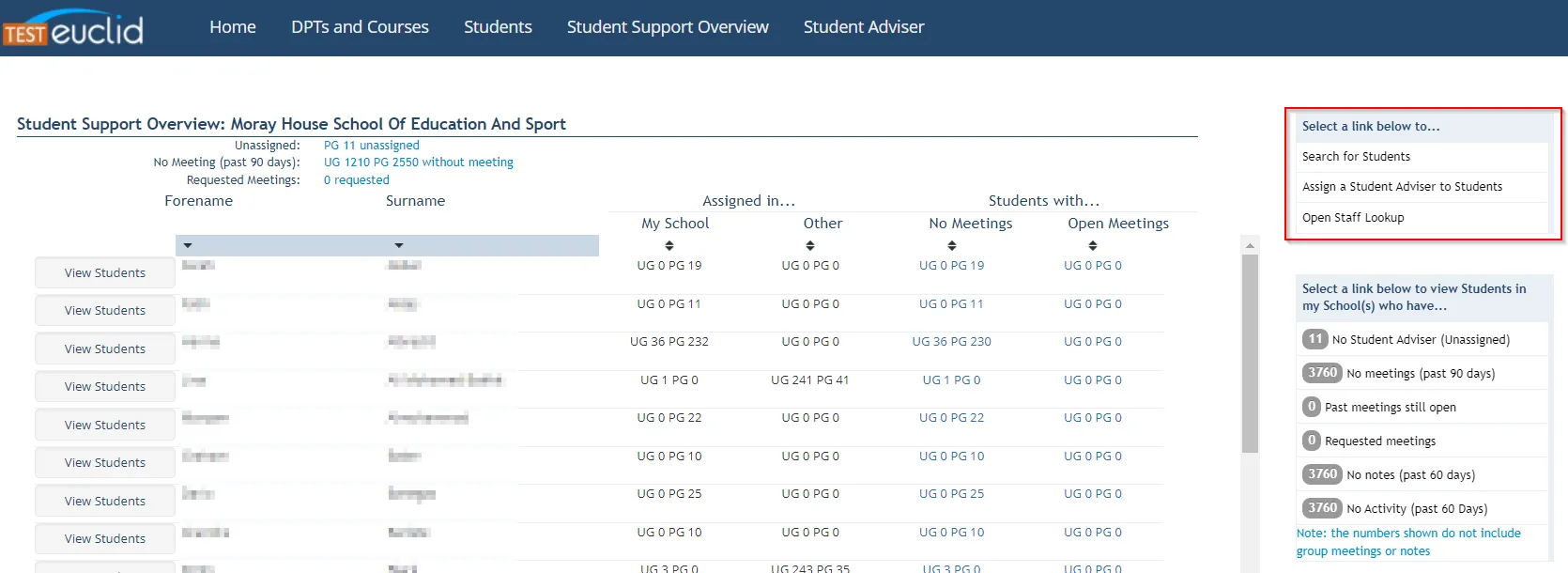 Screenshot of Student Support Overview screen highlighting assigning students to student adviser buttons. 
