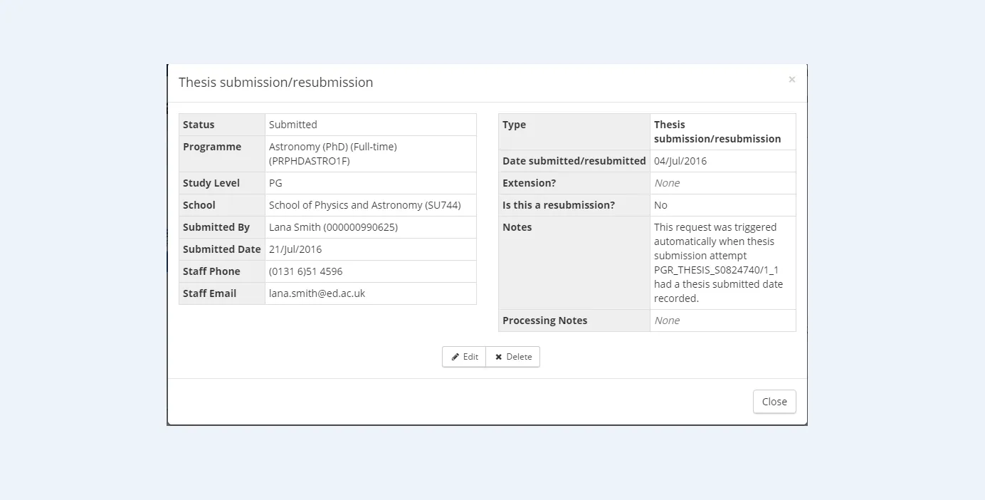 Thesis submission resubmission details