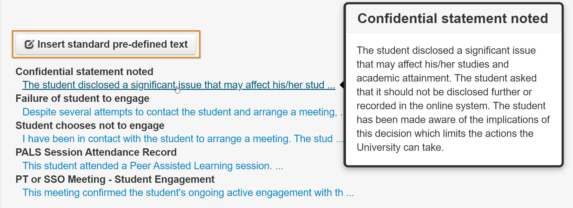 Print screen of the tool in EUCLID showing the \"Confidential statement noted\" full text.