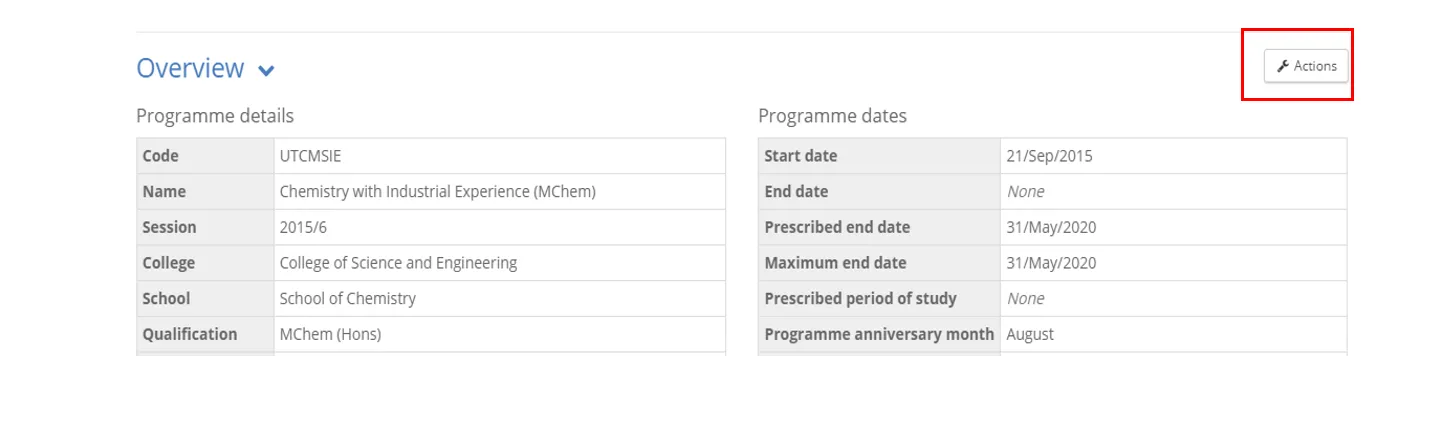 student hub programme action button location