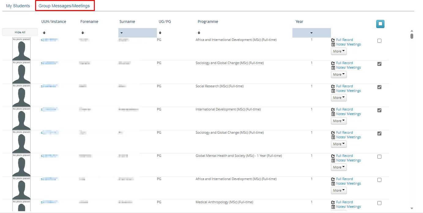 Screenshot of Student Adviser tool showing a list of students and highlighting the Group Messages/Meetings button. 