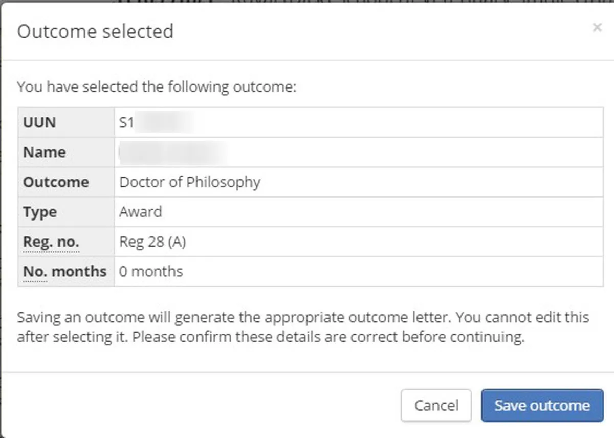 Image of outcome selected pop up window