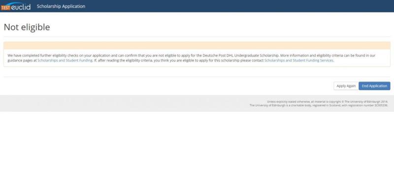 Not eligible screenshot on the Scholarship application page