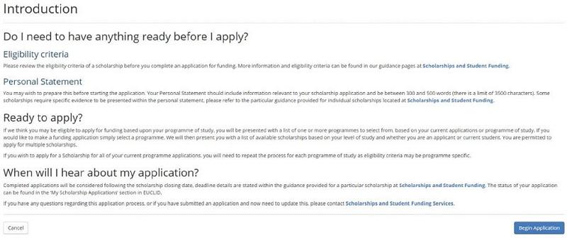 Screenshot of the page reached after clicking 'Apply for a scholarship'