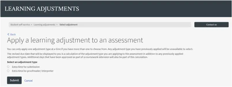 Screenshot showing adjustment types