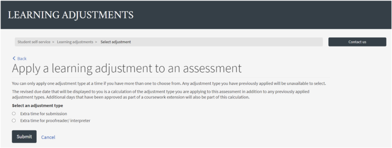 Screenshot showing adjustment types