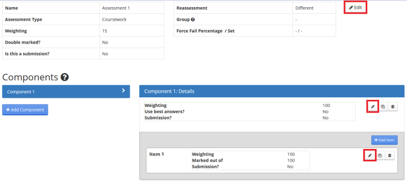 Screenshot highlighting the Edit button for assessment, component and item levels