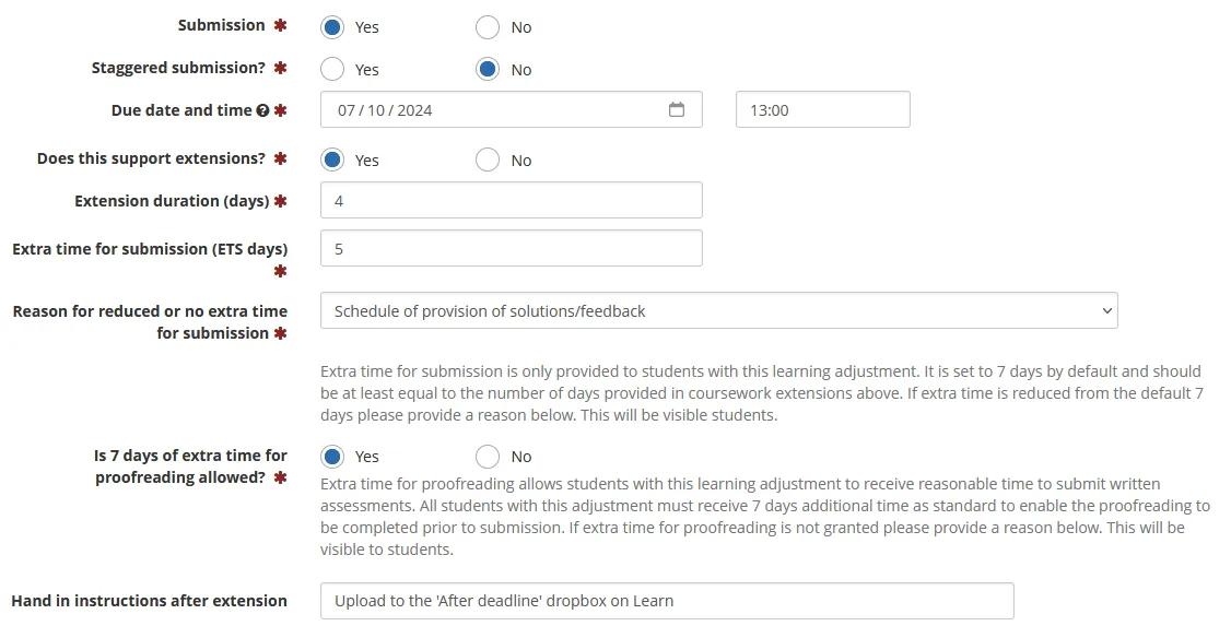 Screenshot of an example setup of submission details