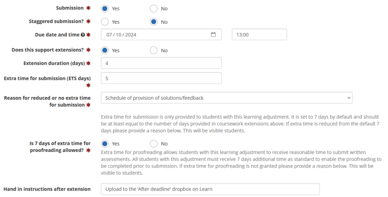 Screenshot of an example setup of submission details