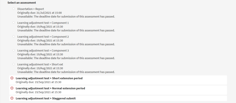 Screenshot of select assessment