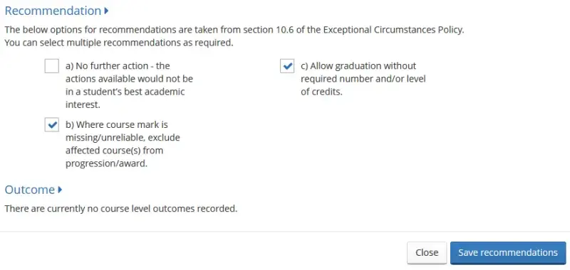 Select the recommended outcomes and click Save Recommendations.
