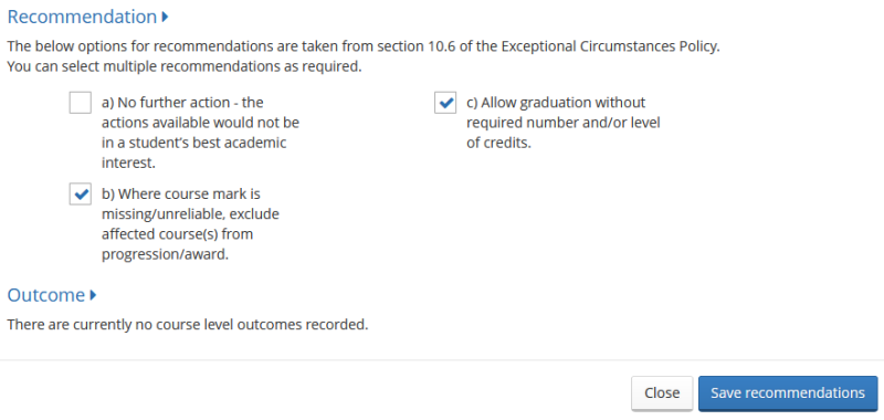 Select the recommended outcomes and click Save Recommendations.