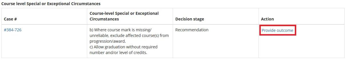 Provide Outcomes link for an course