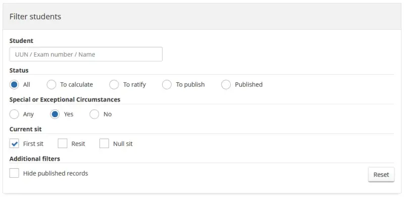 Use the filter options to find students