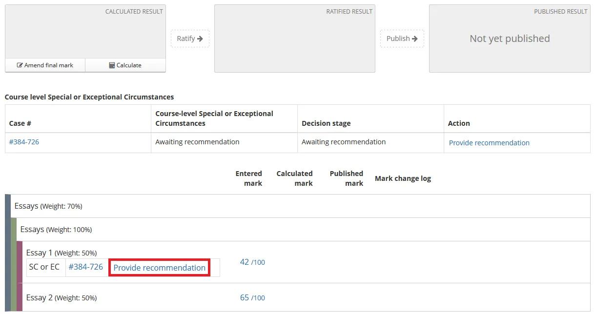 Provide Recommendation link for an assessment/component/item