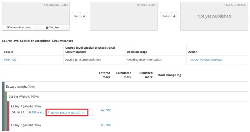 Provide Recommendation link for an assessment/component/item