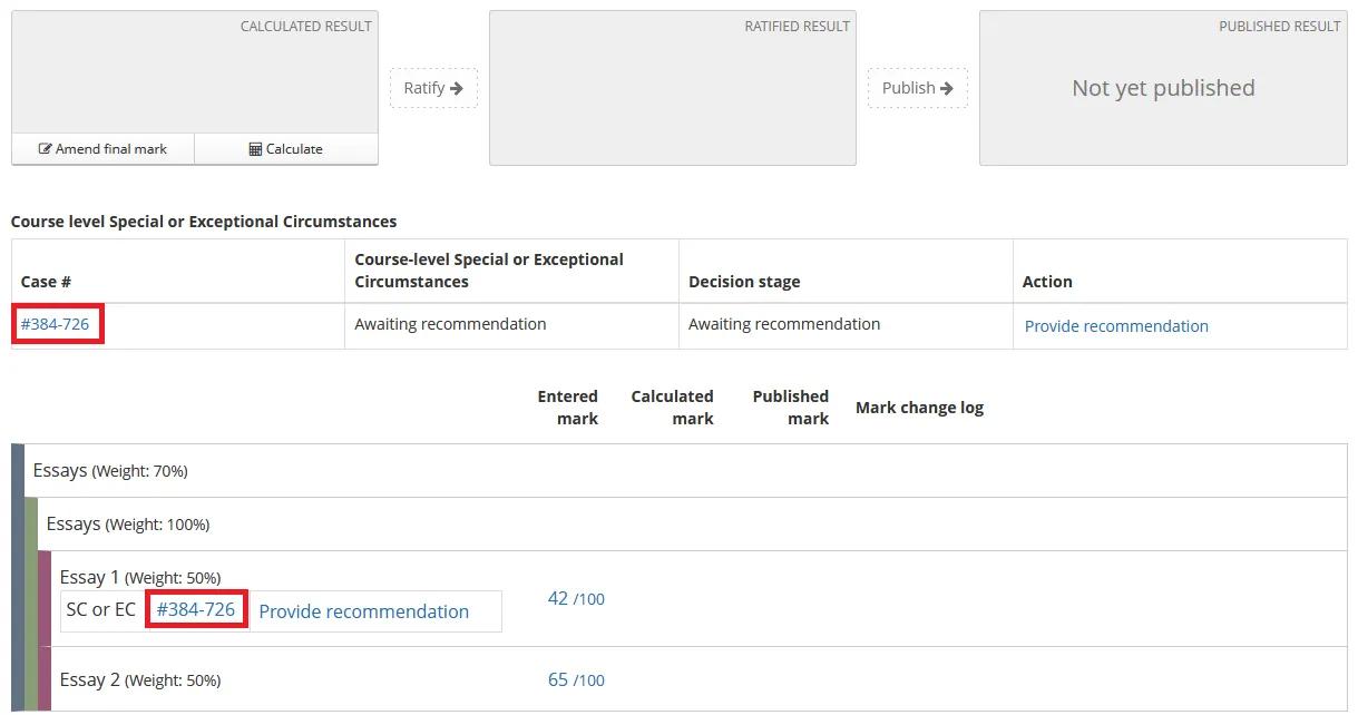 Cased links are displayed at assessment level and course level