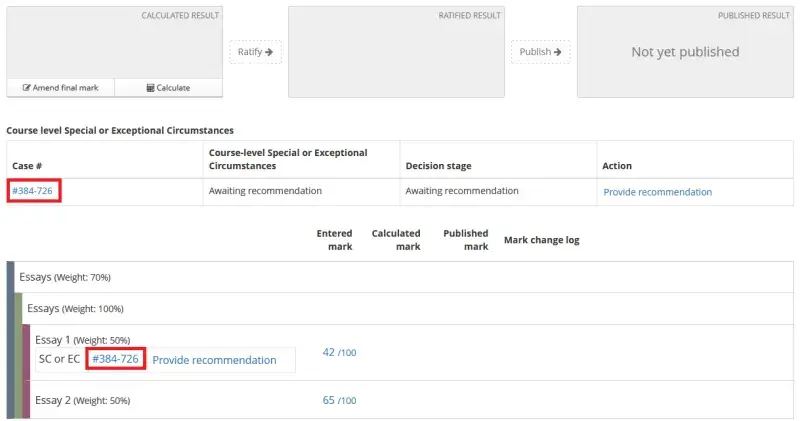 Cased links are displayed at assessment level and course level