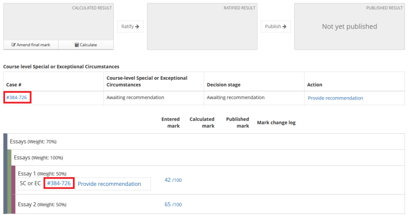 Cased links are displayed at assessment level and course level