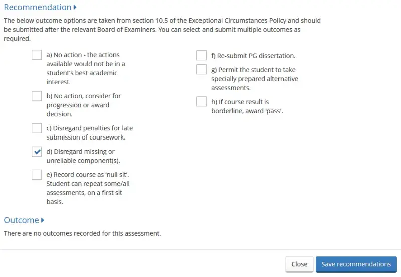Select the recommended outcomes and click Save Recommendations.