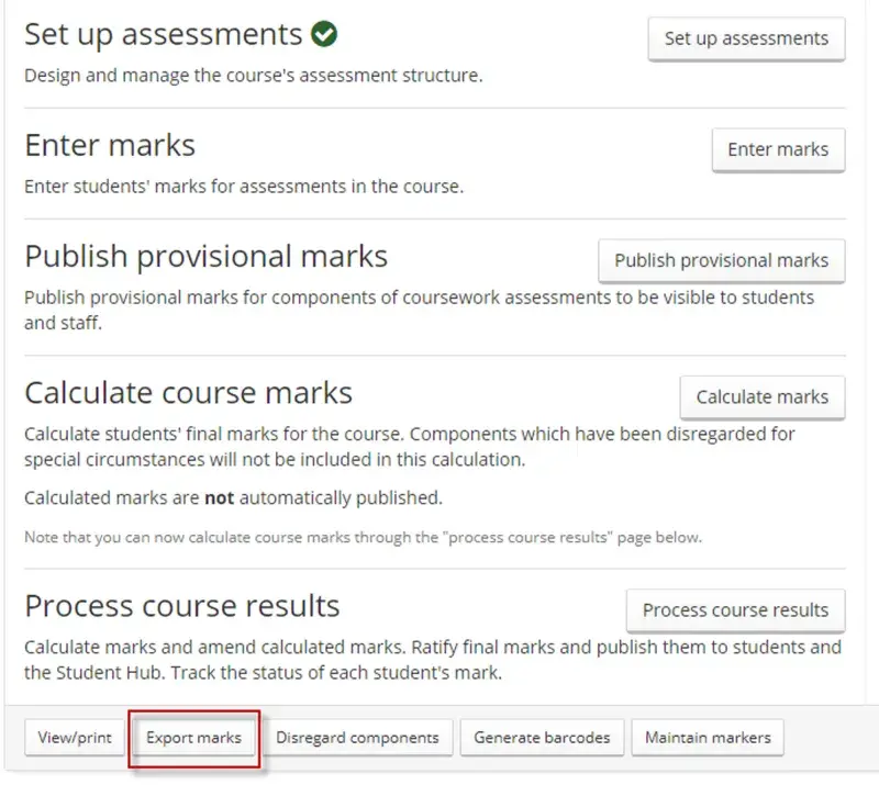 Export Marks button in Assessment Hub
