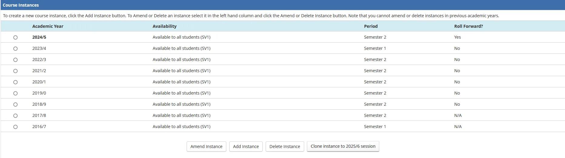 list of course instances in EUCLID starting from most recent academic yesr