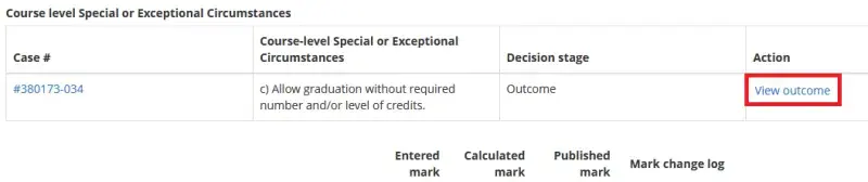 Screenshot showing the location of the 'View outcome' link at course-level on Process Course Results screen