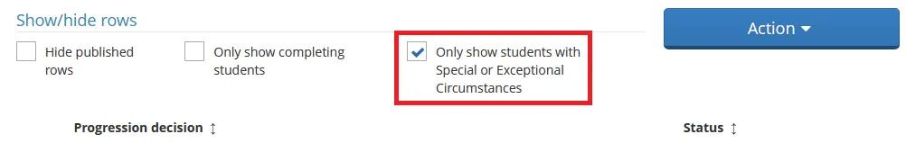 Screenshot showing the location of the 'Only show students with Exceptional Circumstances' tick box in Progression & Award