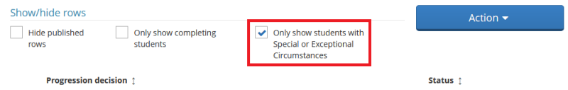 Screenshot showing the location of the 'Only show students with Exceptional Circumstances' tick box in Progression & Award
