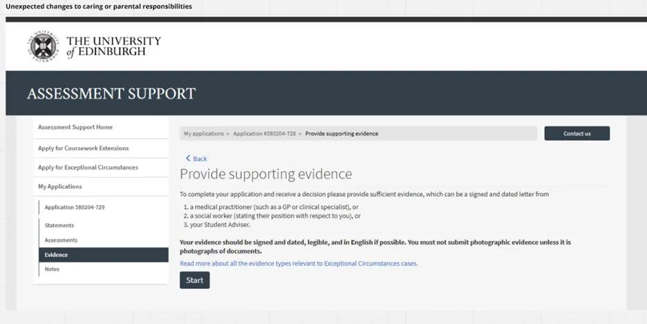 Screenshot of "Provide Supporting Evidence" page - Unexpected changes to caring or parental responsibilities