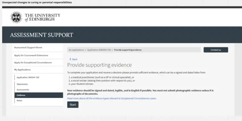 Screenshot of "Provide Supporting Evidence" page - Unexpected changes to caring or parental responsibilities