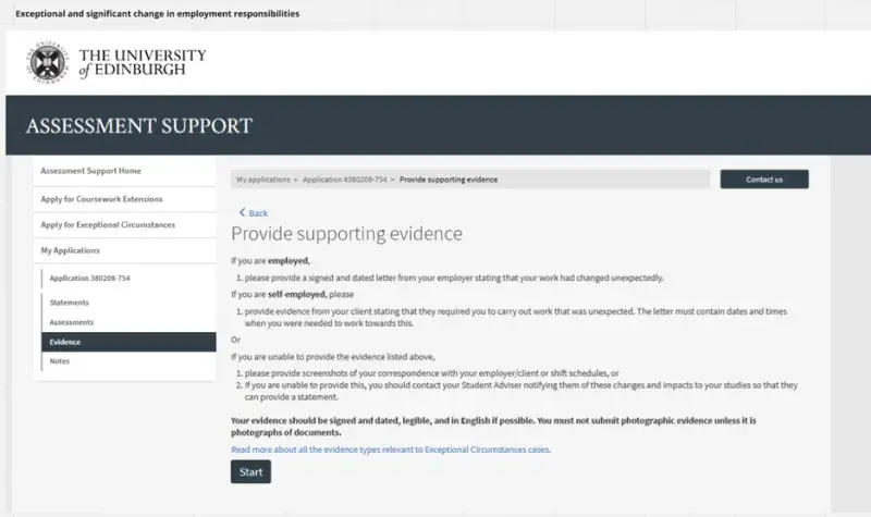 Screenshot of "Provide Supporting Evidence" page - Exceptional and significant change in employment responsibilities