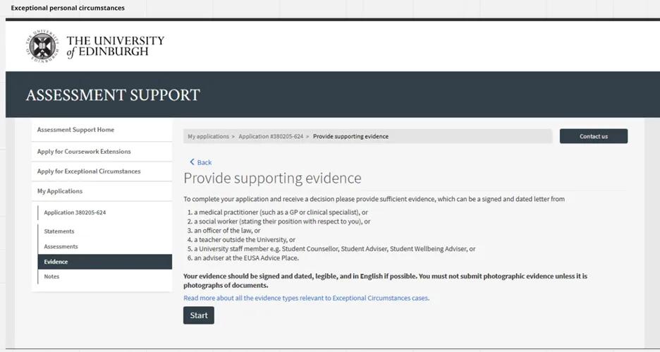 Screenshot of "Provide Supporting Evidence" page - Exceptional personal circumstances