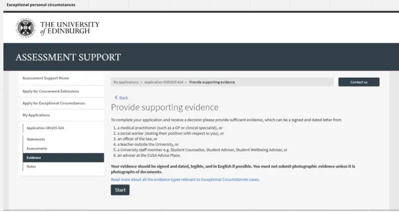 Screenshot of "Provide Supporting Evidence" page - Exceptional personal circumstances