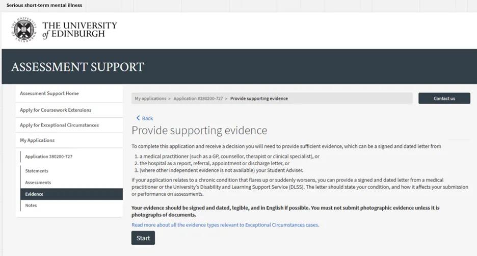 Screenshot of "Provide Supporting Evidence" page - Serious short-term mental illness