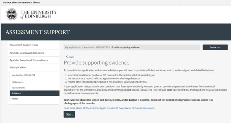 Screenshot of "Provide Supporting Evidence" page - Serious short-term mental illness