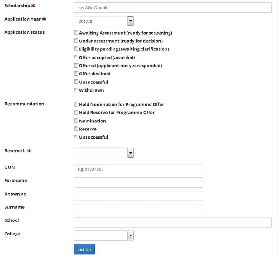 screenshot showing full set of scholarship management criteria