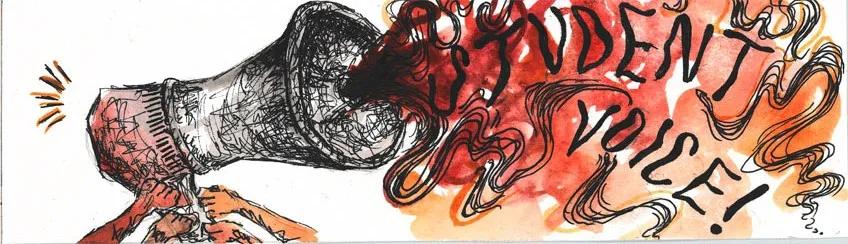 Student artwork depicting a megaphone with 'student voice' coming out of it