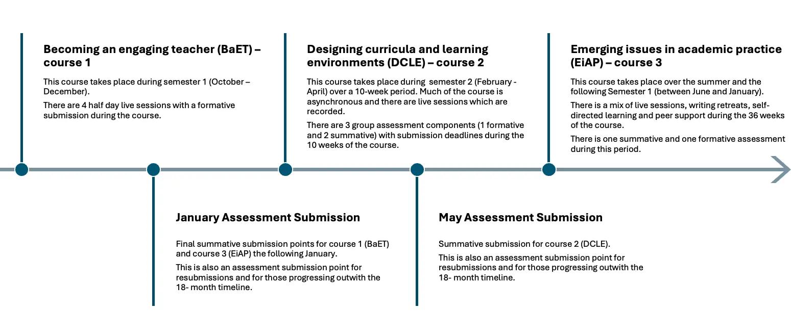 Outline of PgCERt academic practice timeline, explained in text on page below
