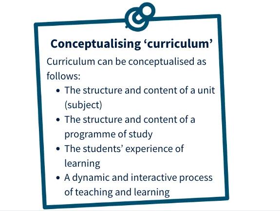 Conceptualising 'curriculum' is as follows: the structure and content of a unit (subject); the structure and content of a programme of study; the students' experience of learning; and, a dynamic and interactive process of teaching and learning.