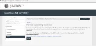 Screenshot of "Provide Supporting Evidence" page - Disability adjustments not made in time for course assessment