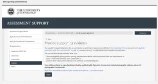 Screenshot of "Provide Supporting Evidence" page - Elite sporting commitments