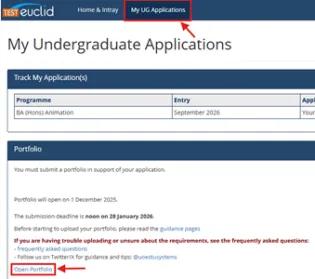 Image showing the My UG Applications tab and Open Portfolio links in EUCLID