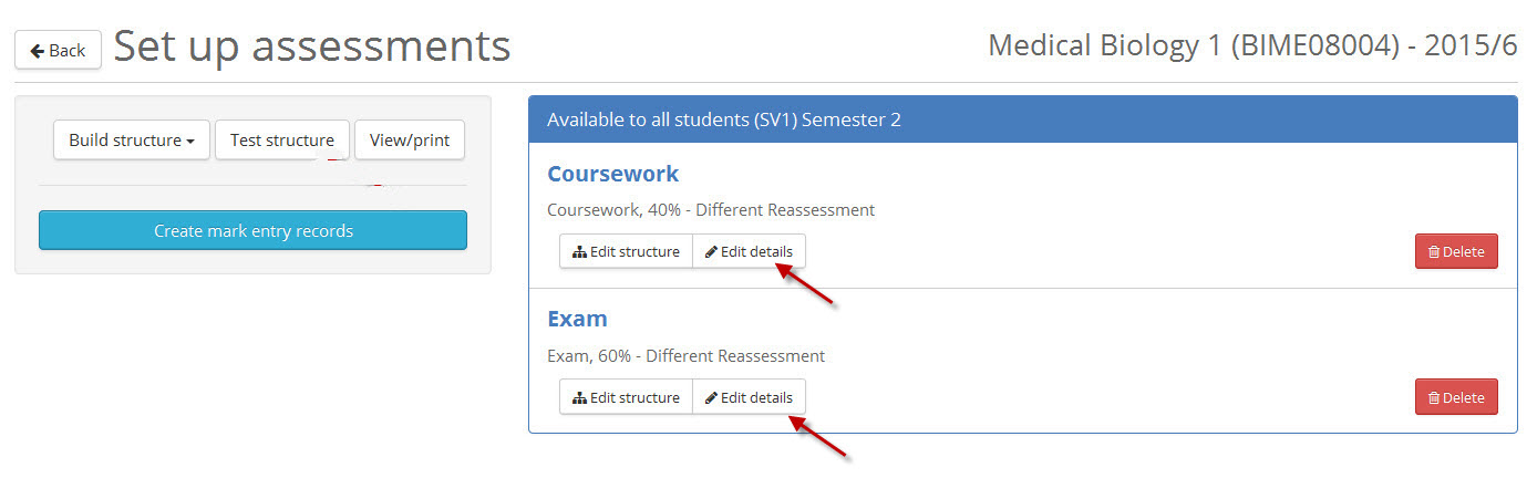 The Set up assessments screen image