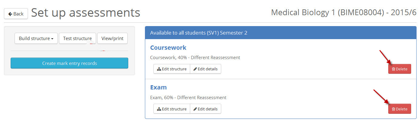 The Set up assessments screen image