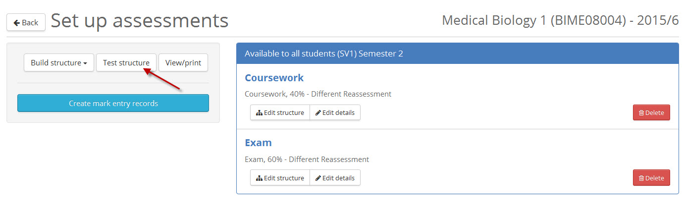 Set up assessments screen with Test structure button image