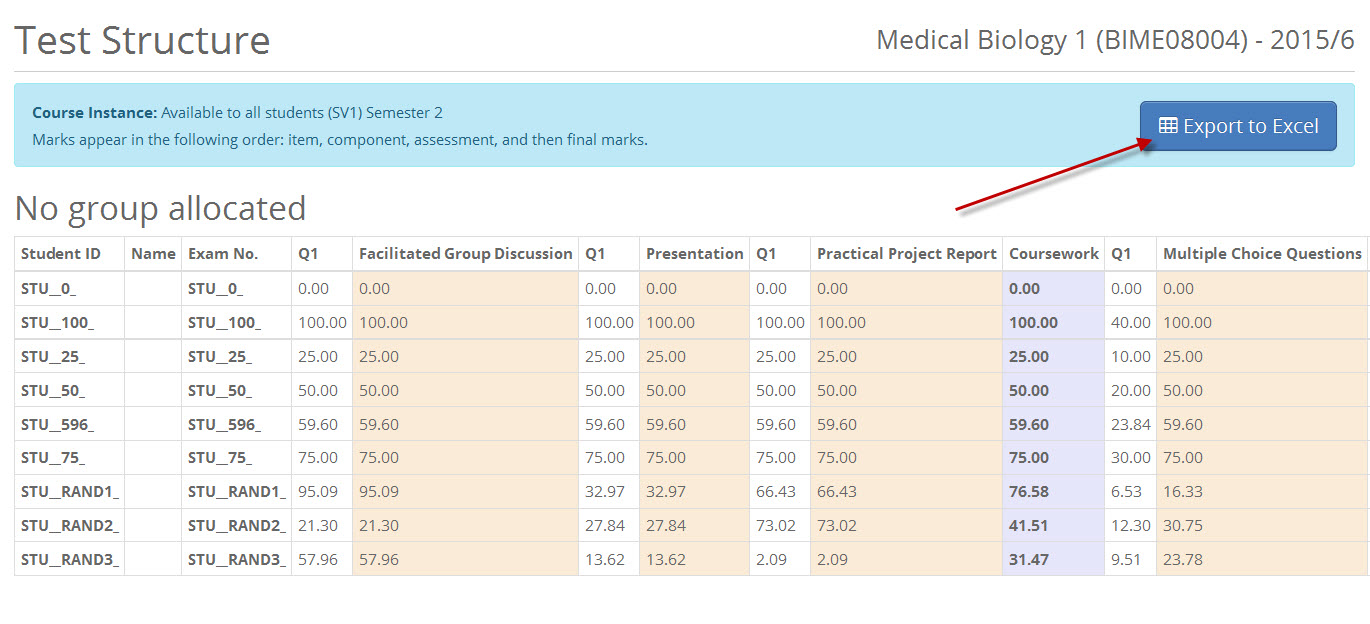 Assessment structure test results with export button image