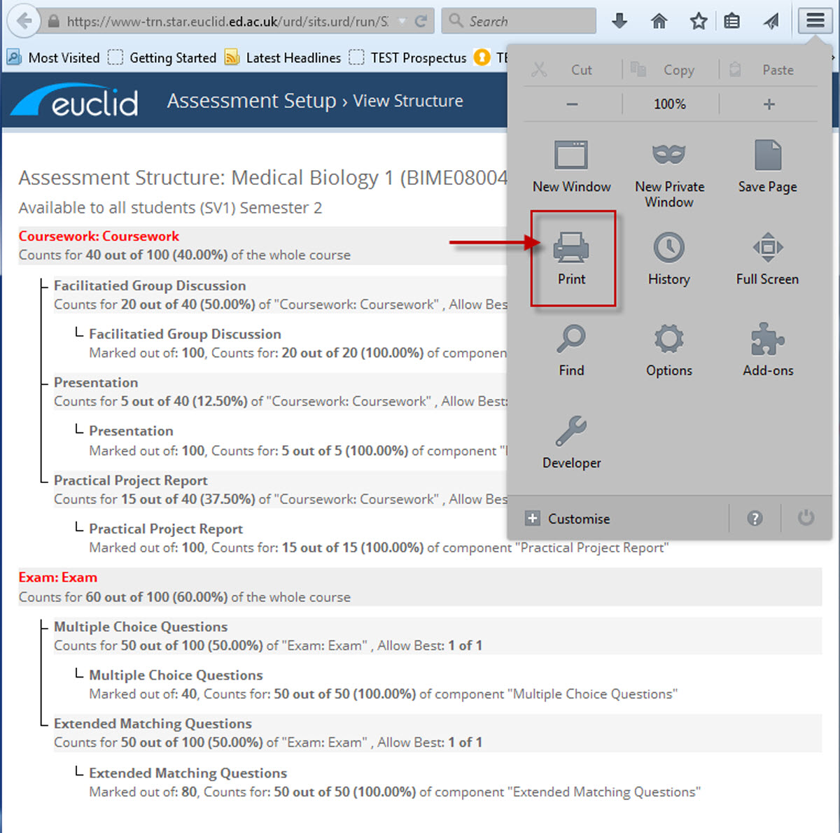 View assessment structure screen, with browser print option image