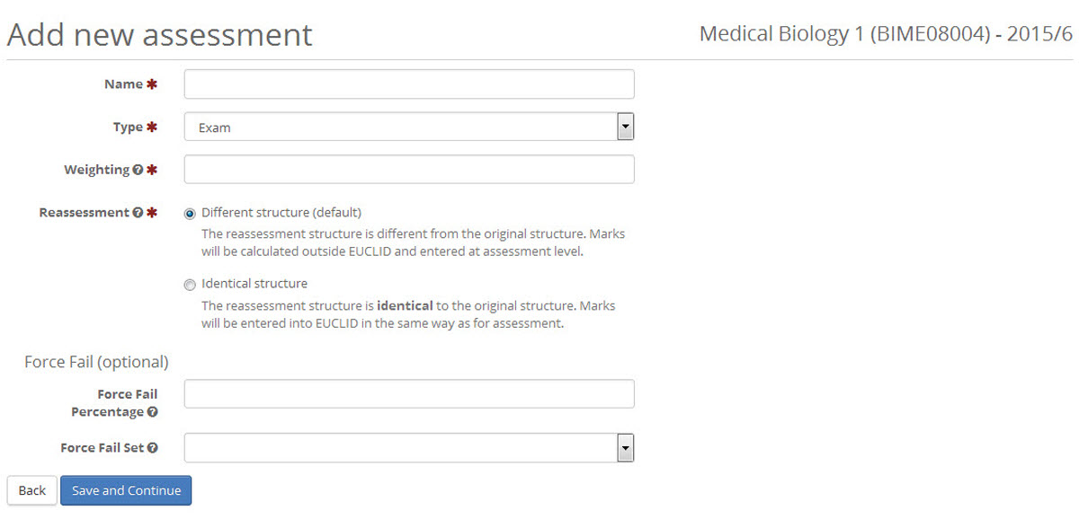 Add new assessment details screen