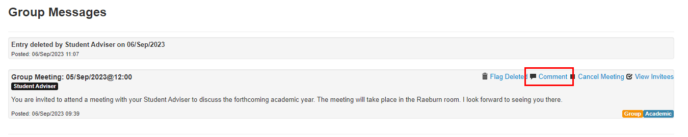 Screenshot of group messages/meeting screen showing group meeting previously added highlighting Comment button.